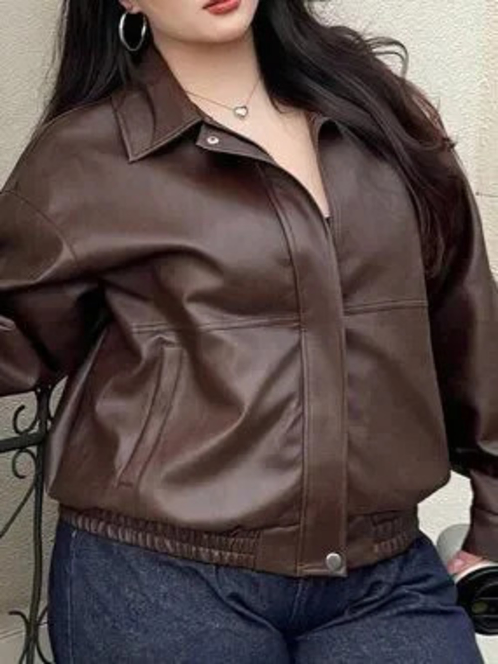 Brown Casual Women's Plus Size Loose Lapel Zipper Coats